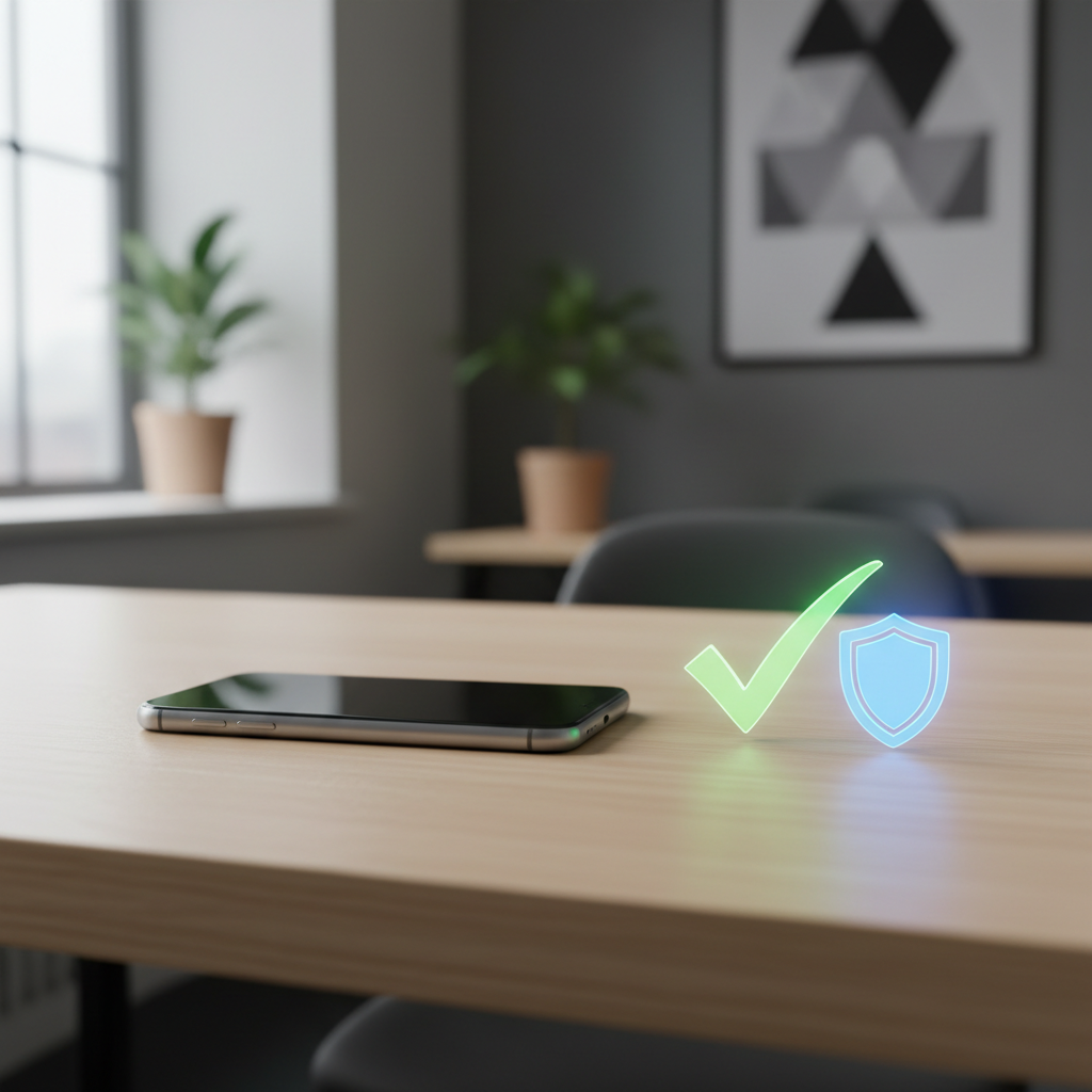 Um smartphone repousa sobre uma mesa de madeira em um escritório, com ícones luminosos de um sinal de confirmação verde e um escudo azul ao lado.