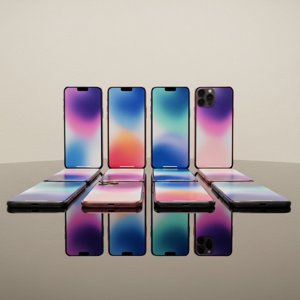 Quatro smartphones dispostos em pé e deitados sobre uma superfície reflexiva contra um fundo neutro.