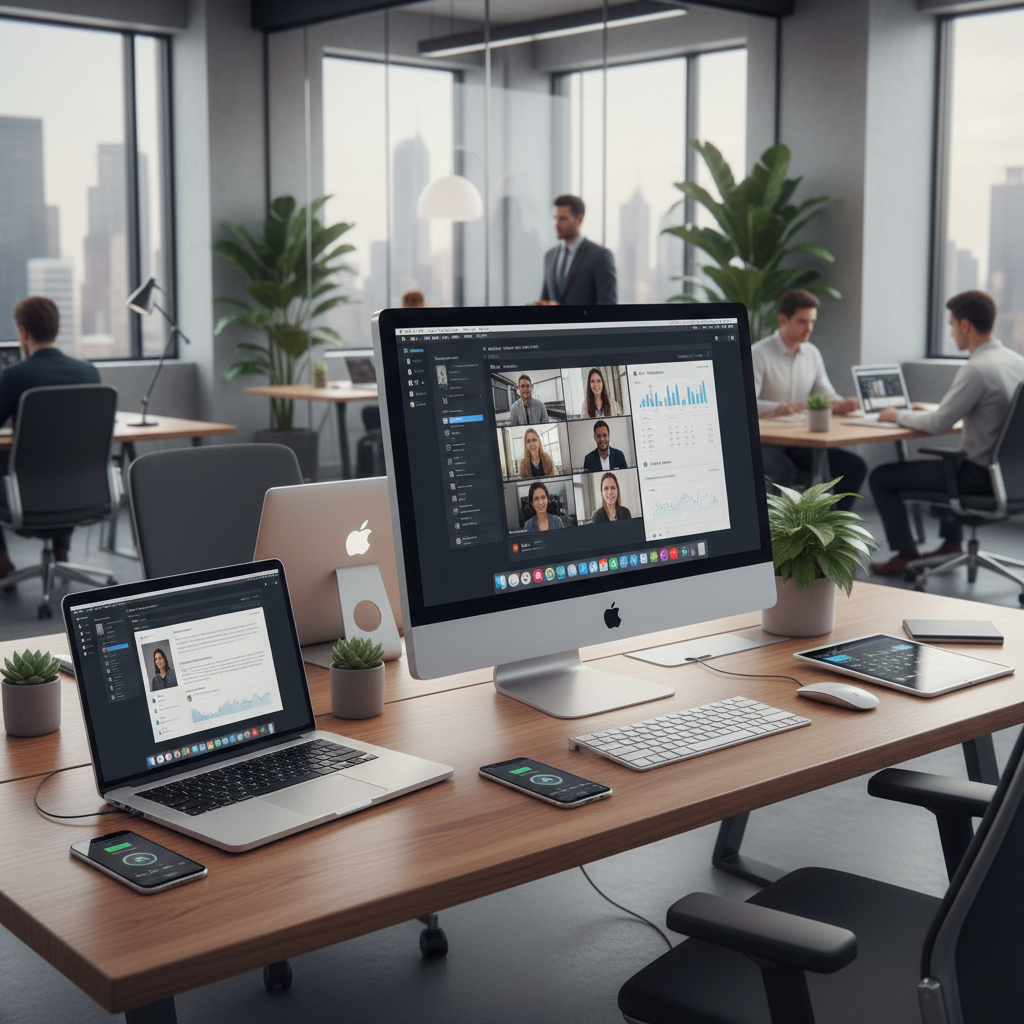 Uma mesa de escritório espaçosa com computadores, notebooks e celulares, com uma videoconferência ativa na tela principal e profissionais trabalhando ao fundo com vista para edifícios.