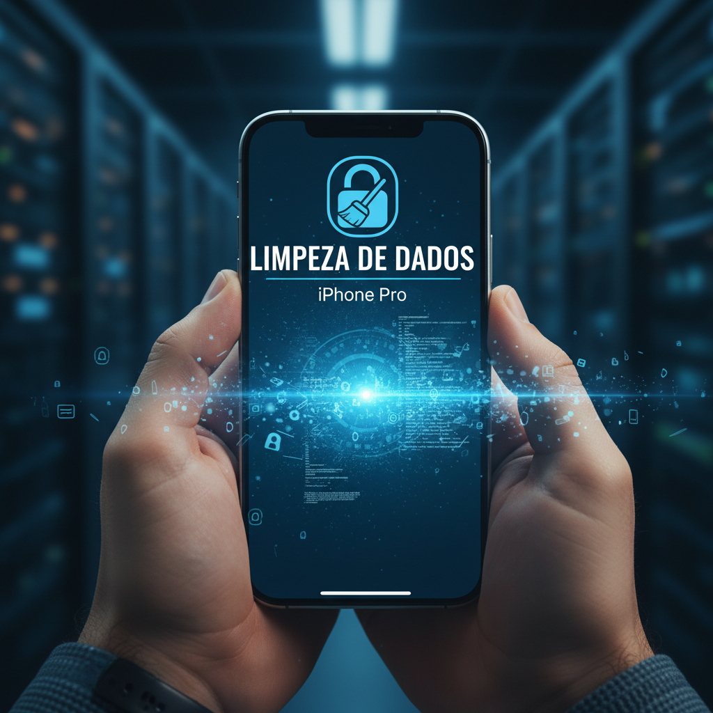 Duas mãos seguram um smartphone exibindo a tela com o texto "LIMPEZA DE DADOS iPhone Pro" e um ícone de cadeado com uma vassoura, em um fundo de servidores desfocado.